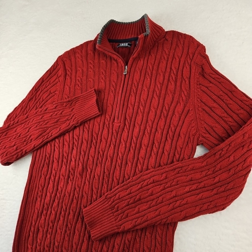 Izod Quarter 1/4 Zip Pull Over Sweater Mens Medium Maroon Cable Knit